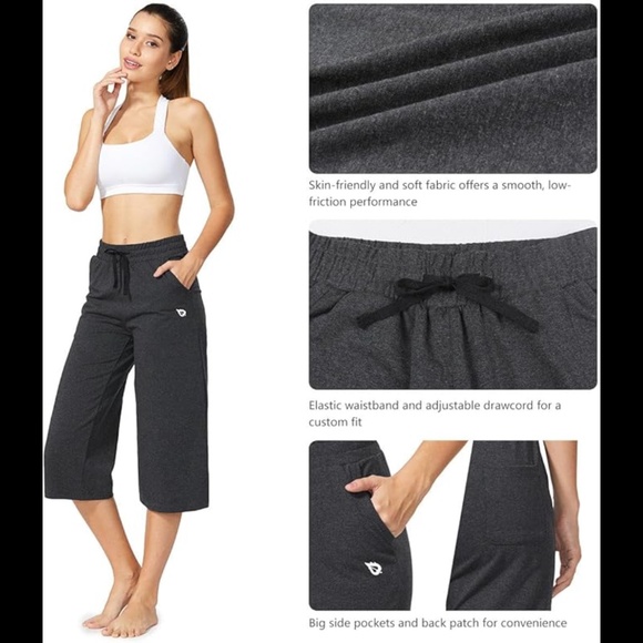 BALEAF Women's Wide Leg Drawstring Capri Pants With Pockets - Picture 3 of 7